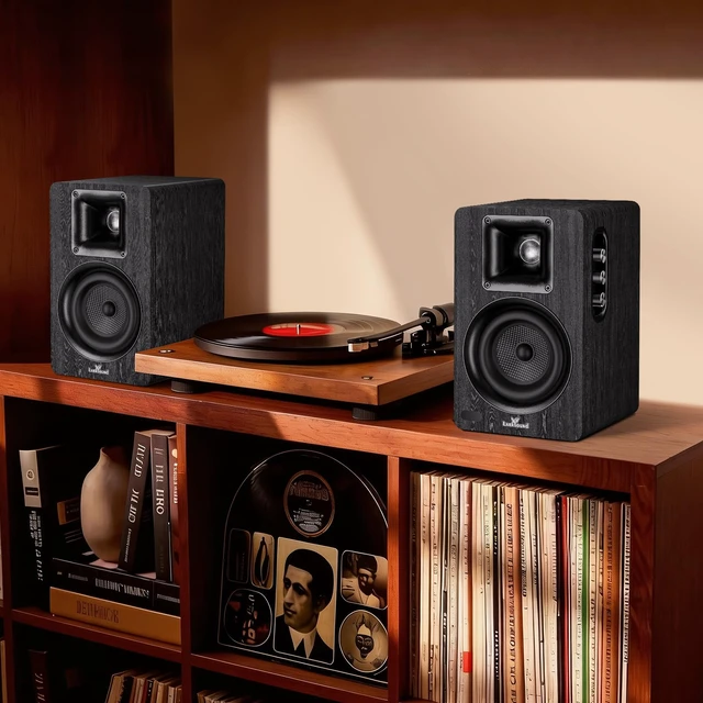 Alt view image 3 of 7 - Active Bookshelf Speakers for Turntable, Powered PC Desktop & TV Audio, Aluminum Horn Tweeter, 4" Woven Glass Fiber Woofer, Built-in Amp, BT/Opt/ARC/AUX/USB, Black