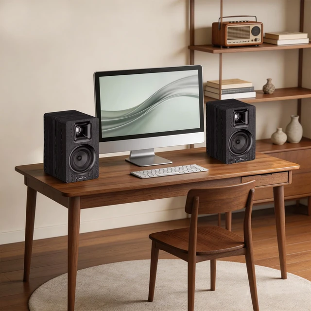 Alt view image 4 of 7 - Active Bookshelf Speakers for Turntable, Powered PC Desktop & TV Audio, Aluminum Horn Tweeter, 4" Woven Glass Fiber Woofer, Built-in Amp, BT/Opt/ARC/AUX/USB, Black