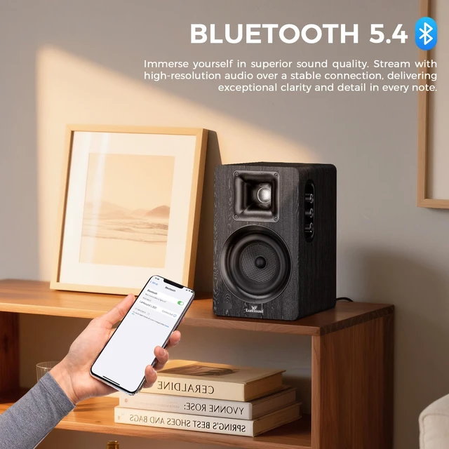 Alt view image 5 of 7 - Active Bookshelf Speakers for Turntable, Powered PC Desktop & TV Audio, Aluminum Horn Tweeter, 4" Woven Glass Fiber Woofer, Built-in Amp, BT/Opt/ARC/AUX/USB, Black