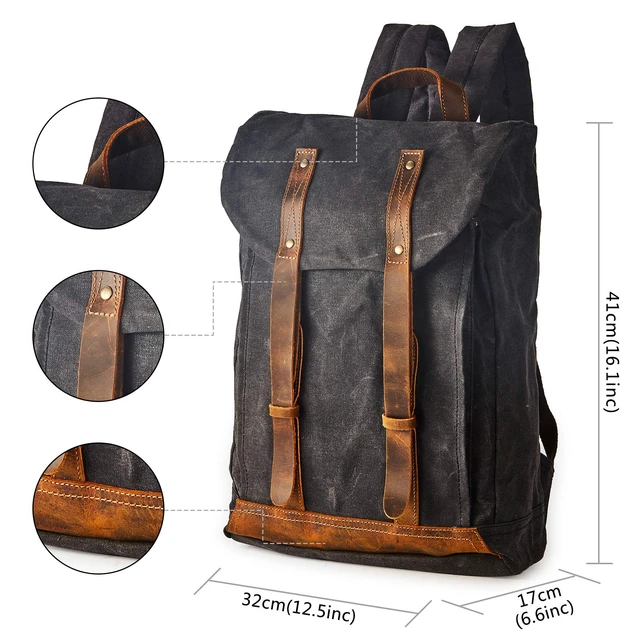 Alt view image 2 of 6 - Heavy-Duty Waxed Canvas Rucksack Backpack Vintage Waxed Canvas Backpack with Leather Trim, Fits Laptop and Essentials for Travel and Daily Carry,Gift