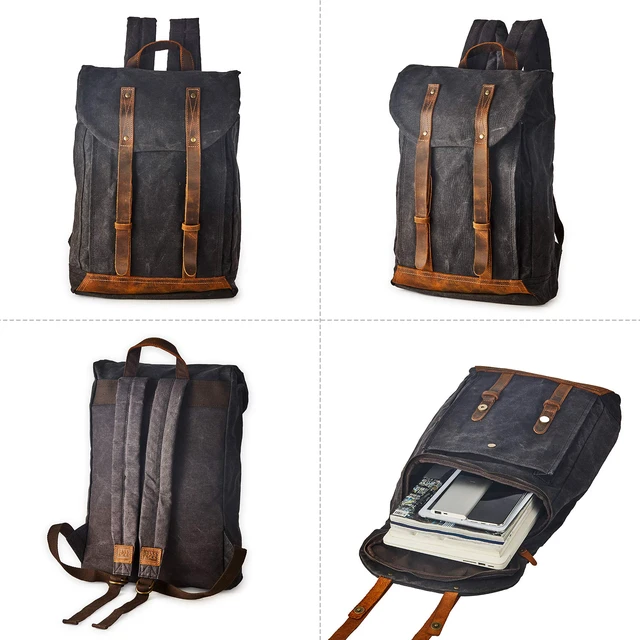 Alt view image 3 of 6 - Heavy-Duty Waxed Canvas Rucksack Backpack Vintage Waxed Canvas Backpack with Leather Trim, Fits Laptop and Essentials for Travel and Daily Carry,Gift
