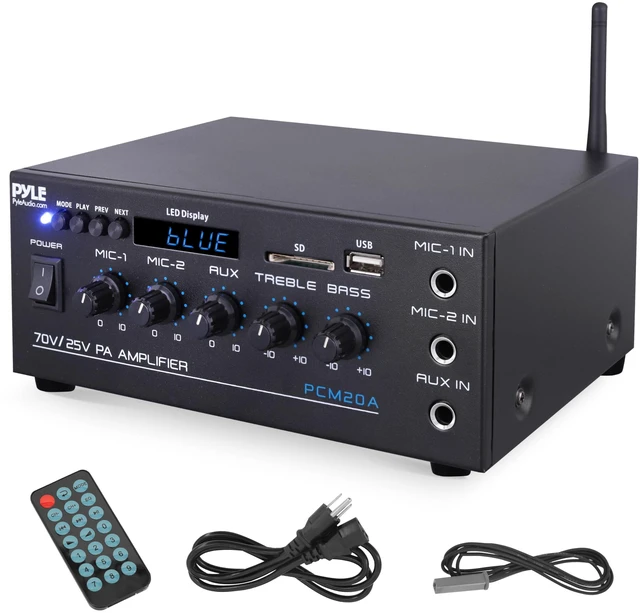 Main image of Compact 40 watt Mini 70v Public Address Amplifier Bluetooth Wireless, 2 Mic Inputs with Talkover - LED Display - USB / SD/MMC Input with MP3 Player, ¼ inch Aux In - PCM20A