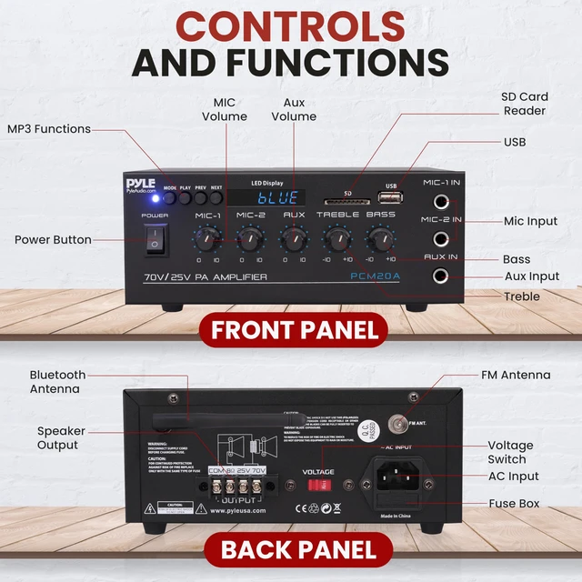 Alt view image 2 of 7 - Compact 40 watt Mini 70v Public Address Amplifier Bluetooth Wireless, 2 Mic Inputs with Talkover - LED Display - USB / SD/MMC Input with MP3 Player, ¼ inch Aux In - PCM20A