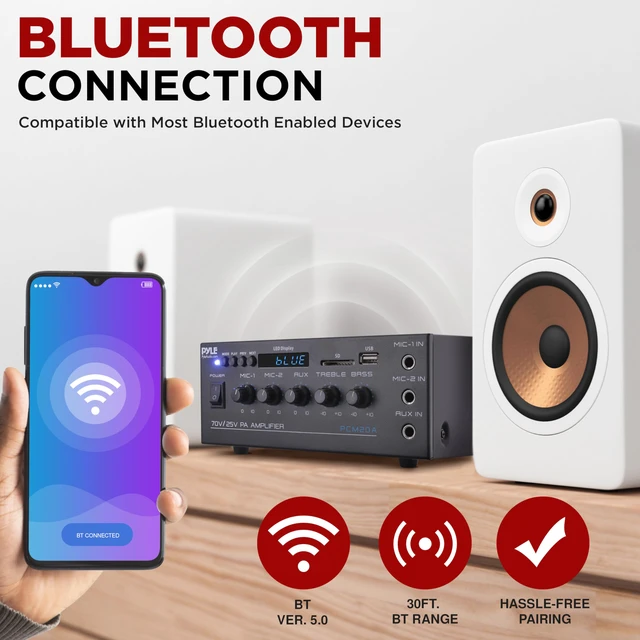 Alt view image 3 of 7 - Compact 40 watt Mini 70v Public Address Amplifier Bluetooth Wireless, 2 Mic Inputs with Talkover - LED Display - USB / SD/MMC Input with MP3 Player, ¼ inch Aux In - PCM20A