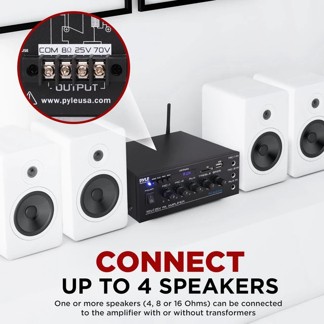 Alt view image 4 of 7 - Compact 40 watt Mini 70v Public Address Amplifier Bluetooth Wireless, 2 Mic Inputs with Talkover - LED Display - USB / SD/MMC Input with MP3 Player, ¼ inch Aux In - PCM20A
