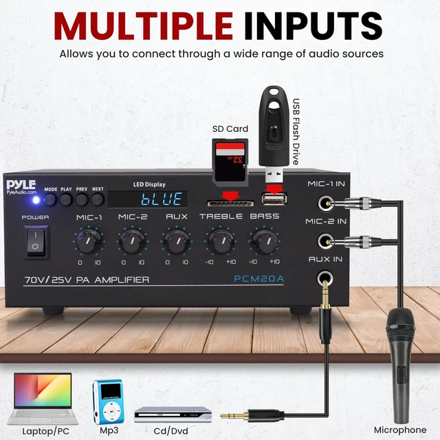 Alt view image 5 of 7 - Compact 40 watt Mini 70v Public Address Amplifier Bluetooth Wireless, 2 Mic Inputs with Talkover - LED Display - USB / SD/MMC Input with MP3 Player, ¼ inch Aux In - PCM20A