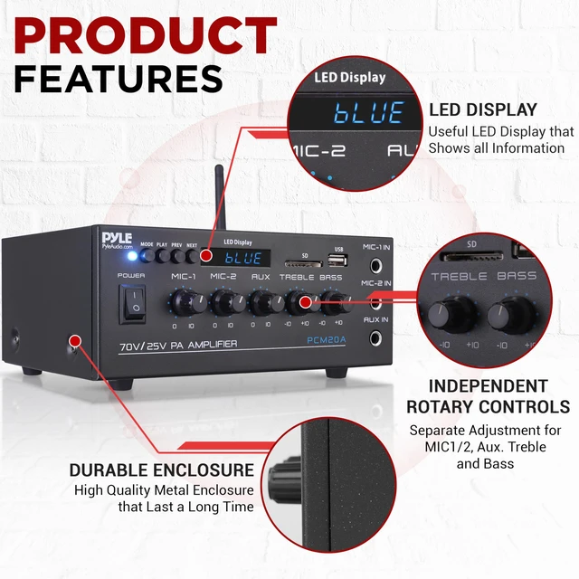 Alt view image 6 of 7 - Compact 40 watt Mini 70v Public Address Amplifier Bluetooth Wireless, 2 Mic Inputs with Talkover - LED Display - USB / SD/MMC Input with MP3 Player, ¼ inch Aux In - PCM20A