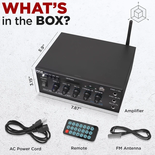 Alt view image 7 of 7 - Compact 40 watt Mini 70v Public Address Amplifier Bluetooth Wireless, 2 Mic Inputs with Talkover - LED Display - USB / SD/MMC Input with MP3 Player, ¼ inch Aux In - PCM20A