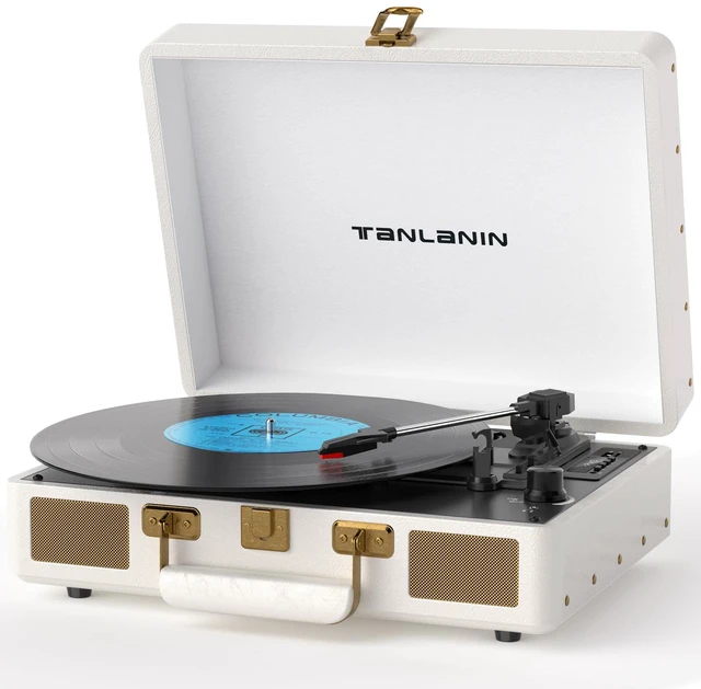 Main image of Vintage 3-Speed Bluetooth Portable USB Suitcase Record Player with Built-in Speakers Upgraded Vinyl Turntable Audio Sound, USB SD Card Recording&Playback, Portable Suitcase Design, White Leather