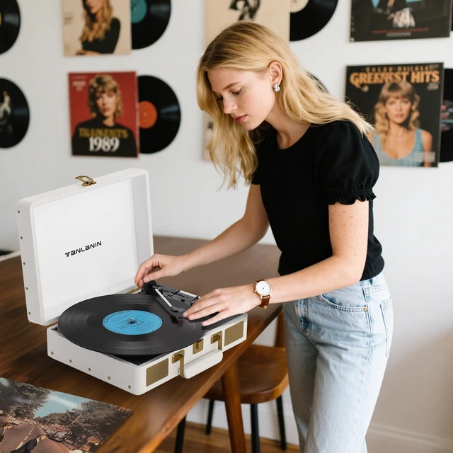 Alt view image 5 of 7 - Vintage 3-Speed Bluetooth Portable USB Suitcase Record Player with Built-in Speakers Upgraded Vinyl Turntable Audio Sound, USB SD Card Recording&Playback, Portable Suitcase Design, White Leather