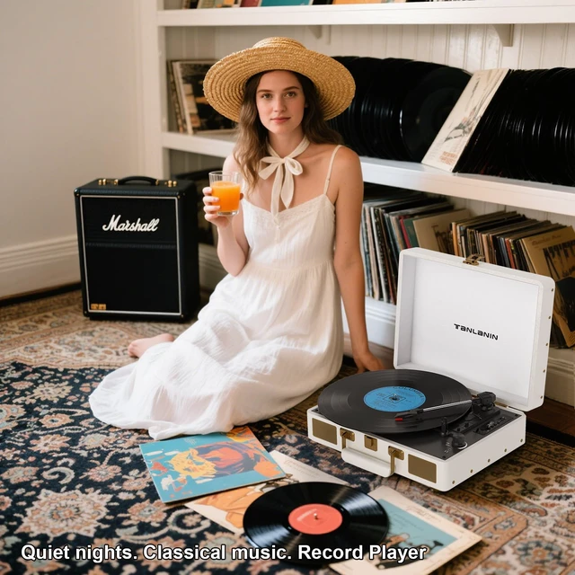 Alt view image 4 of 7 - Vintage 3-Speed Bluetooth Portable USB Suitcase Record Player with Built-in Speakers Upgraded Vinyl Turntable Audio Sound, USB SD Card Recording&Playback, Portable Suitcase Design, White Leather