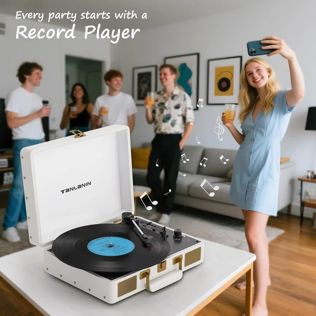 Alt view image 3 of 7 - Vintage 3-Speed Bluetooth Portable USB Suitcase Record Player with Built-in Speakers Upgraded Vinyl Turntable Audio Sound, USB SD Card Recording&Playback, Portable Suitcase Design, White Leather