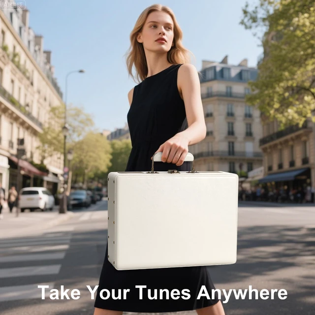 Alt view image 7 of 7 - Vintage 3-Speed Bluetooth Portable USB Suitcase Record Player with Built-in Speakers Upgraded Vinyl Turntable Audio Sound, USB SD Card Recording&Playback, Portable Suitcase Design, White Leather