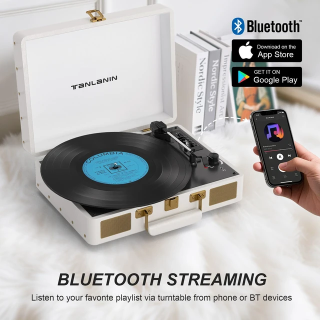 Alt view image 2 of 7 - Vintage 3-Speed Bluetooth Portable USB Suitcase Record Player with Built-in Speakers Upgraded Vinyl Turntable Audio Sound, USB SD Card Recording&Playback, Portable Suitcase Design, White Leather