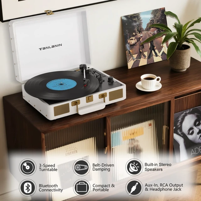 Alt view image 6 of 7 - Vintage 3-Speed Bluetooth Portable USB Suitcase Record Player with Built-in Speakers Upgraded Vinyl Turntable Audio Sound, USB SD Card Recording&Playback, Portable Suitcase Design, White Leather