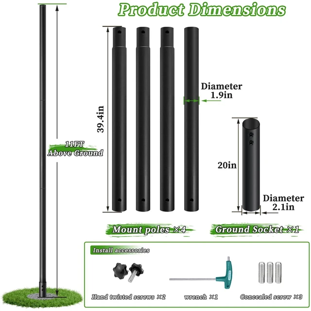 Alt view image 3 of 7 - 11FT Starlink Pole Mount,1.9" Diameter Thickened Outdoor Heavy Duty Galvanized Steel Weather Station Mounting Pole,with Bottom Fixed Bracket,Universal Size Suitable for Starlink Pipe Adapter, Black