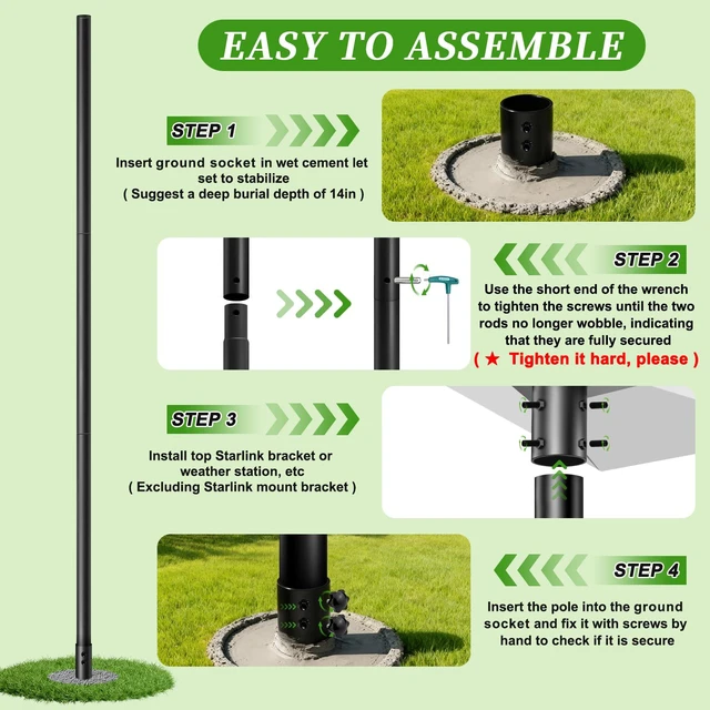 Alt view image 4 of 7 - 11FT Starlink Pole Mount,1.9" Diameter Thickened Outdoor Heavy Duty Galvanized Steel Weather Station Mounting Pole,with Bottom Fixed Bracket,Universal Size Suitable for Starlink Pipe Adapter, Black