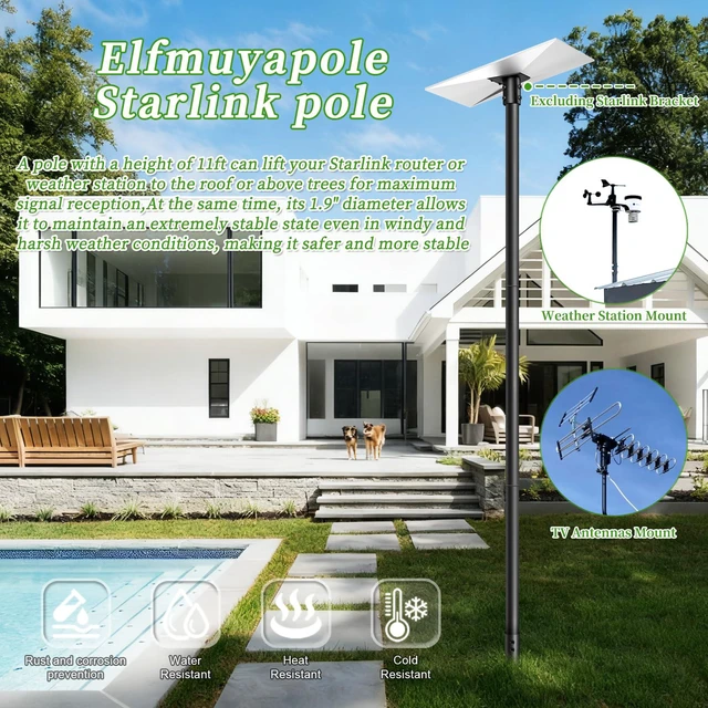 Alt view image 2 of 7 - 11FT Starlink Pole Mount,1.9" Diameter Thickened Outdoor Heavy Duty Galvanized Steel Weather Station Mounting Pole,with Bottom Fixed Bracket,Universal Size Suitable for Starlink Pipe Adapter, Black