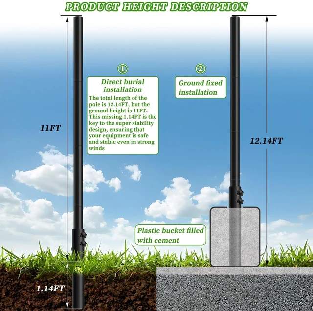 Alt view image 6 of 7 - 11FT Starlink Pole Mount,1.9" Diameter Thickened Outdoor Heavy Duty Galvanized Steel Weather Station Mounting Pole,with Bottom Fixed Bracket,Universal Size Suitable for Starlink Pipe Adapter, Black