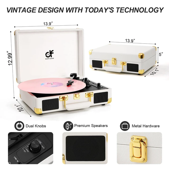 Alt view image 3 of 7 - Record Player with Built-in Speakers Bluetooth 3-Speed Turntable,White 3-Speed LP Vinyl Player, USB Recording, Vinyl to MP3 Recorder, RCA Line Out, AUX Input, Headphone Jack, White & Gold