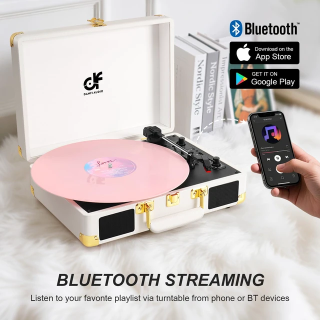 Alt view image 5 of 7 - Record Player with Built-in Speakers Bluetooth 3-Speed Turntable,White 3-Speed LP Vinyl Player, USB Recording, Vinyl to MP3 Recorder, RCA Line Out, AUX Input, Headphone Jack, White & Gold