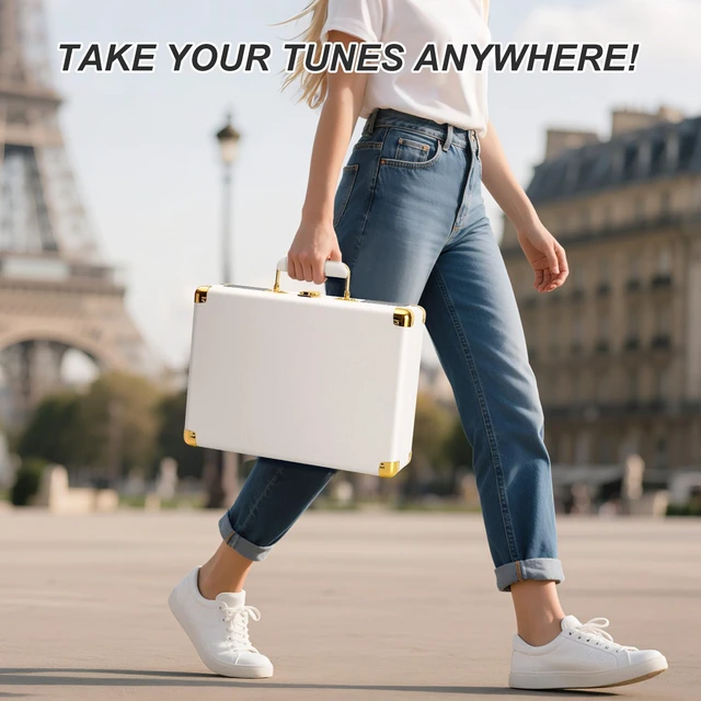 Alt view image 7 of 7 - Record Player with Built-in Speakers Bluetooth 3-Speed Turntable,White 3-Speed LP Vinyl Player, USB Recording, Vinyl to MP3 Recorder, RCA Line Out, AUX Input, Headphone Jack, White & Gold