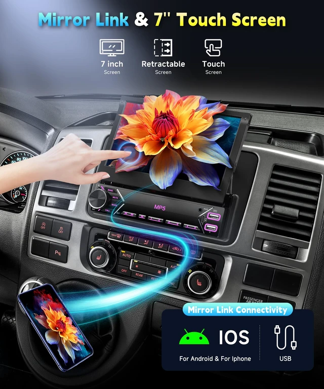 Alt view image 2 of 6 - Single Din Flip Out IPS Touchscreen Car Stereo, 7inch Car Stereo 1 Din Car Stereo with Bluetooth Car Audio Receivers, Backup Camera, FM Radio/Mirror Link/USB/Type-C Fast Charging