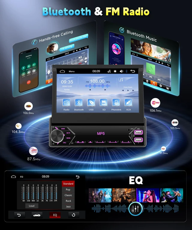 Alt view image 3 of 6 - Single Din Flip Out IPS Touchscreen Car Stereo, 7inch Car Stereo 1 Din Car Stereo with Bluetooth Car Audio Receivers, Backup Camera, FM Radio/Mirror Link/USB/Type-C Fast Charging