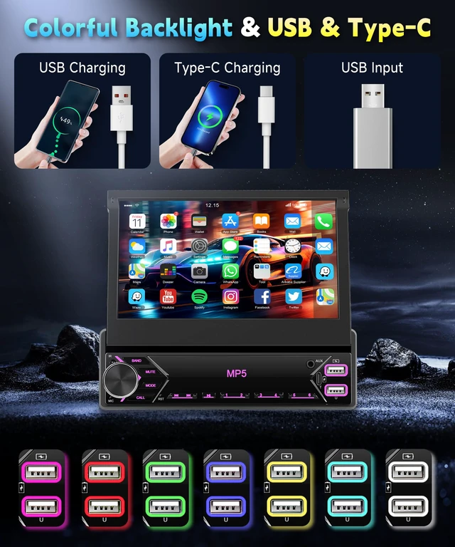 Alt view image 5 of 6 - Single Din Flip Out IPS Touchscreen Car Stereo, 7inch Car Stereo 1 Din Car Stereo with Bluetooth Car Audio Receivers, Backup Camera, FM Radio/Mirror Link/USB/Type-C Fast Charging