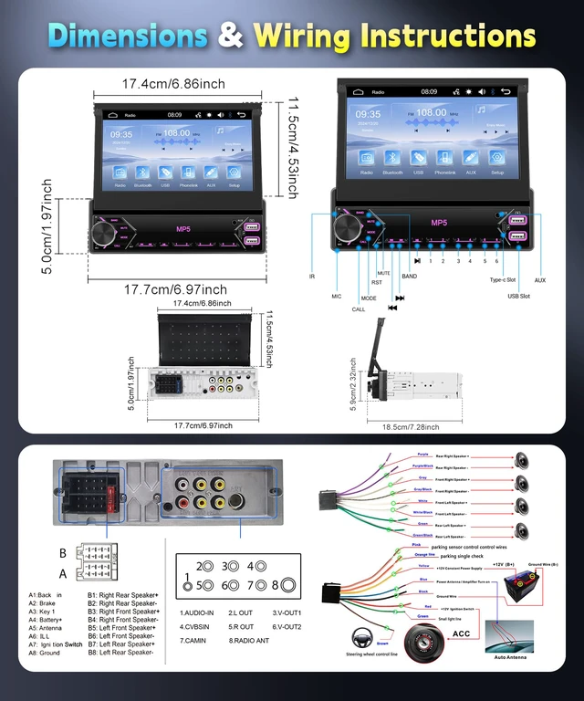 Alt view image 6 of 6 - Single Din Flip Out IPS Touchscreen Car Stereo, 7inch Car Stereo 1 Din Car Stereo with Bluetooth Car Audio Receivers, Backup Camera, FM Radio/Mirror Link/USB/Type-C Fast Charging