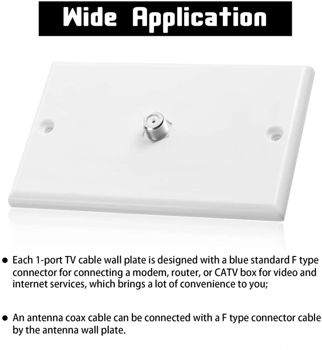 Alt view image 3 of 7 - 50 Pcs 1 Port TV Cable Wall Plate with F Connector, White Single Gang Covers for Rg6 Coaxial Cable, F Type Connector, Wall Mount Video Jack Outlets, Home Theater Management