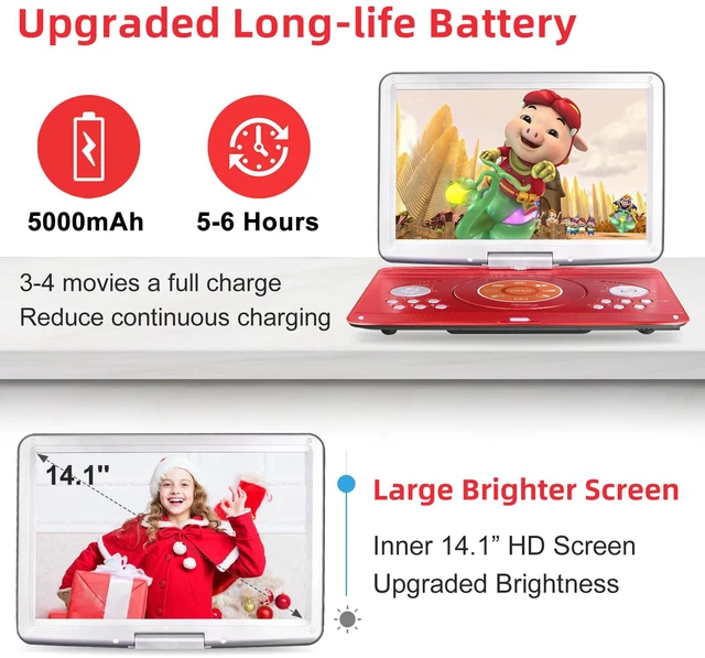 Alt view image 3 of 7 - Portable DVD Player with 14.1" HD Screen for Kids Road Trip, 5000mAh 6-Hour Playtime, Car Charger, Support USB, SD, TV Sync for Family Movie Night, Dual Speakers, Multi-Format, Red