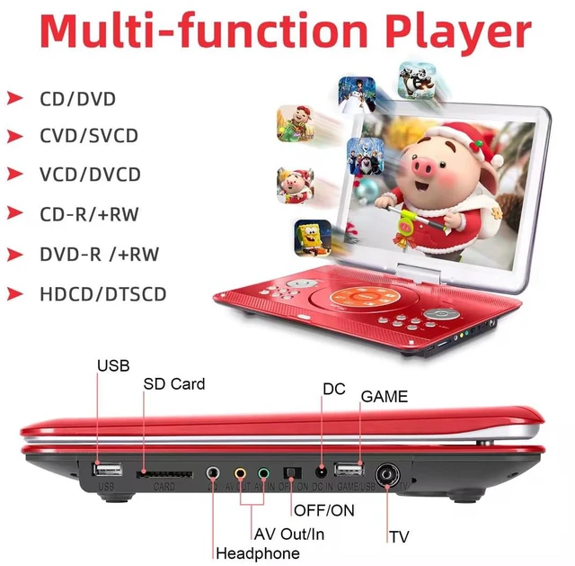 Alt view image 4 of 7 - Portable DVD Player with 14.1" HD Screen for Kids Road Trip, 5000mAh 6-Hour Playtime, Car Charger, Support USB, SD, TV Sync for Family Movie Night, Dual Speakers, Multi-Format, Red