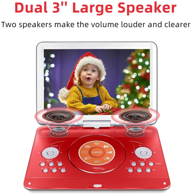 Alt view image 5 of 7 - Portable DVD Player with 14.1" HD Screen for Kids Road Trip, 5000mAh 6-Hour Playtime, Car Charger, Support USB, SD, TV Sync for Family Movie Night, Dual Speakers, Multi-Format, Red