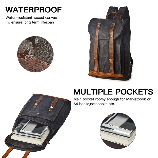 Alt view image 5 of 6 - Heavy-Duty Waxed Canvas Rucksack Backpack Vintage Waxed Canvas Backpack with Leather Trim, Fits Laptop and Essentials for Travel and Daily Carry,Gift
