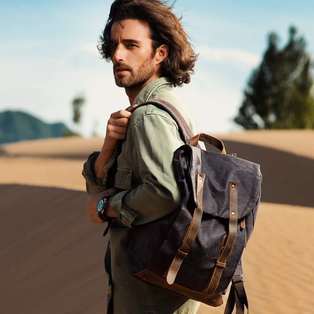 Alt view image 6 of 6 - Heavy-Duty Waxed Canvas Rucksack Backpack Vintage Waxed Canvas Backpack with Leather Trim, Fits Laptop and Essentials for Travel and Daily Carry,Gift