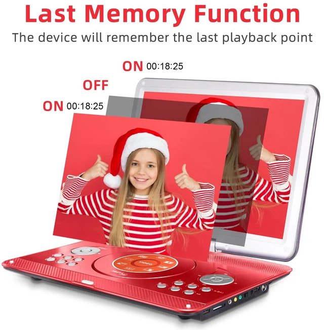 Alt view image 7 of 7 - Portable DVD Player with 14.1" HD Screen for Kids Road Trip, 5000mAh 6-Hour Playtime, Car Charger, Support USB, SD, TV Sync for Family Movie Night, Dual Speakers, Multi-Format, Red