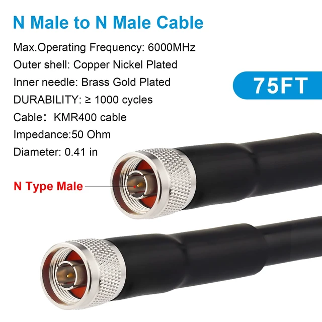 Alt view image 2 of 7 - N Male to N Male Cable 75FT, 50 Ohm Low Loss Cable KMR400 Coax Extension Cable for 3G/4G/5G/LTE/GPS/WiFi/RF/Ham/Radio to Antenna or Phone Signal Booster Use