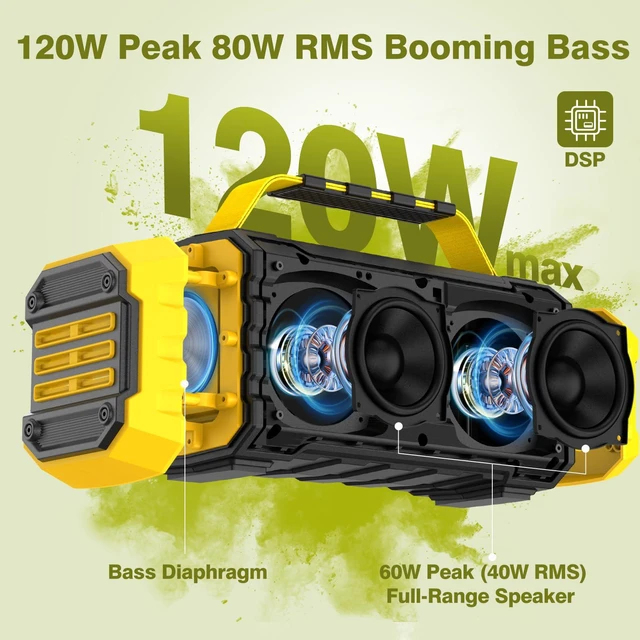 Alt view image 2 of 7 - Portable Bluetooth Speaker 120W Peak 80W Wireless Speakers, TWS Pairing, Deep Bass, Hi-Fi Loud Speaker, IPX6 Waterproof, DSP Sound Boombox for Outdoor, Camping, Party, Beach
