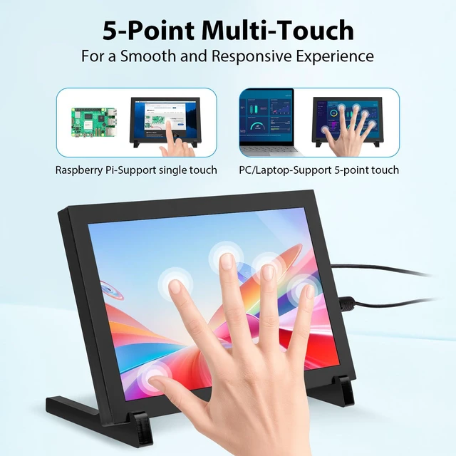 Alt view image 2 of 7 - 8 Inch Touchscreen Monitor, 1280x800 IPS LCD HD Display with Stand, Portable Capacitive Touch Screen Compatible for Raspberry Pi 3/4/5, Win 11/10/8/7, Jetson Nano, laptops, Game Consoles