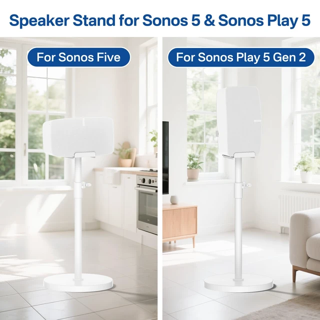 Alt view image 2 of 6 - Height Adjustable Floor Speaker Stand for Sonos Five & Play:5, Vertical or Horizontal Placement, Metal Sonos 5 Speaker Stand with Cable Management (White, 1 Pack)