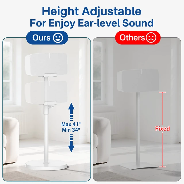 Alt view image 3 of 6 - Height Adjustable Floor Speaker Stand for Sonos Five & Play:5, Vertical or Horizontal Placement, Metal Sonos 5 Speaker Stand with Cable Management (White, 1 Pack)