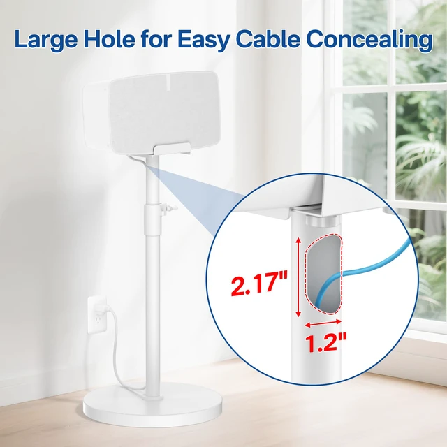 Alt view image 5 of 6 - Height Adjustable Floor Speaker Stand for Sonos Five & Play:5, Vertical or Horizontal Placement, Metal Sonos 5 Speaker Stand with Cable Management (White, 1 Pack)