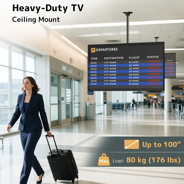 Alt view image 2 of 7 - Ceiling TV Mount, Adjustable Hanging Ceiling TV Bracket Fits Max 100 inch Pole Ceiling Mount Supports up to 176lbs, Fits LCD LED OLED 4K TVs, Max VESA 800x600mm, Black