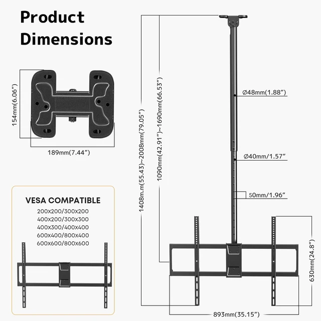Alt view image 6 of 7 - Ceiling TV Mount, Adjustable Hanging Ceiling TV Bracket Fits Max 100 inch Pole Ceiling Mount Supports up to 176lbs, Fits LCD LED OLED 4K TVs, Max VESA 800x600mm, Black