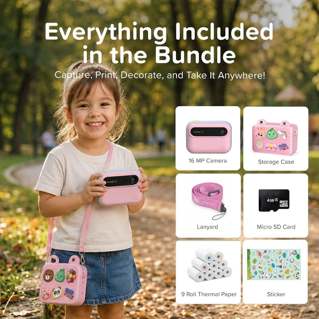 Alt view image 2 of 7 - Kids Instant Print Camera, 16MP Camera, 9 Rolls Paper, Travel Case 7S inkless thermal printing, insta 20 bundle, selfie lens, toy camera, school travel play, birthday gift for girls ages 4-12