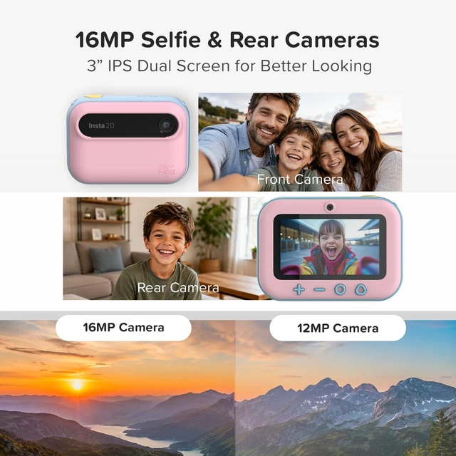 Alt view image 5 of 7 - Kids Instant Print Camera, 16MP Camera, 9 Rolls Paper, Travel Case 7S inkless thermal printing, insta 20 bundle, selfie lens, toy camera, school travel play, birthday gift for girls ages 4-12
