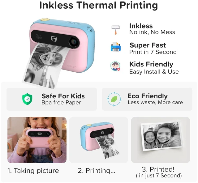 Alt view image 6 of 7 - Kids Instant Print Camera, 16MP Camera, 9 Rolls Paper, Travel Case 7S inkless thermal printing, insta 20 bundle, selfie lens, toy camera, school travel play, birthday gift for girls ages 4-12