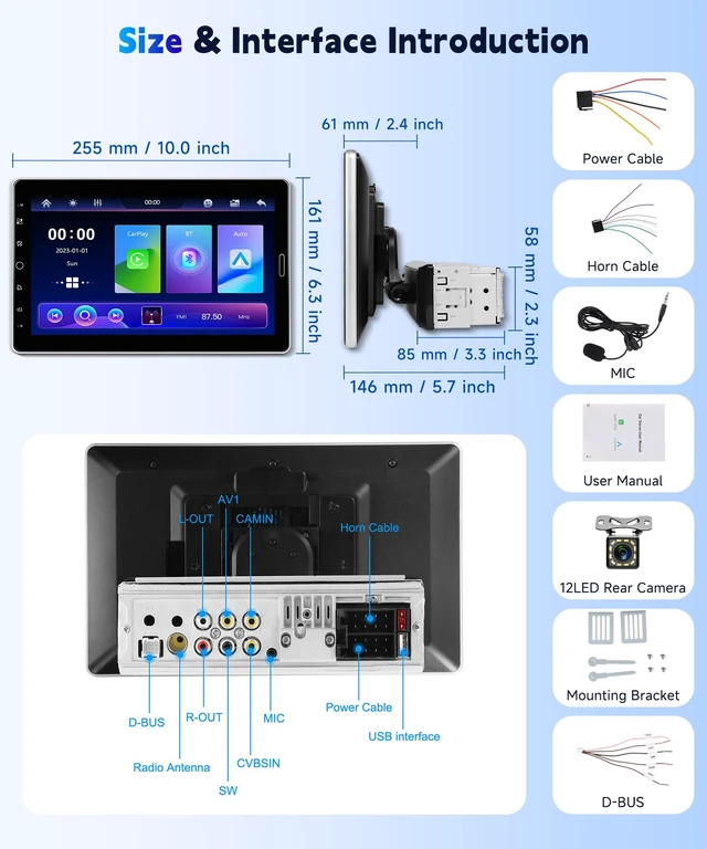 Alt view image 7 of 7 - 2026 Upgraded 10.1" Rotatable Touch Screen Single Din Car Stereo Wireless CarPlay & Android Auto AM FM Bluetooth 5.2 16-Band EQ Backup Camera SWC/USB/TF/Mirror Link