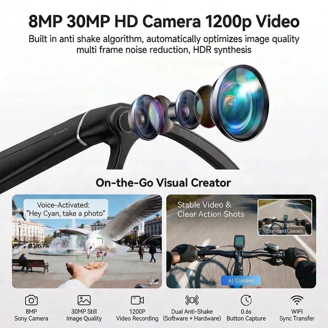 Alt view image 4 of 7 - Smart Glasses with AI Voice Assistant & 8MP Camera Hands-Free Video Recording, Open-Ear Audio, Real-Time Translation, IP54 Sports Sunglasses